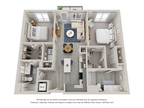 Floor plan for 2 beds, 2 baths, 1077 sqft